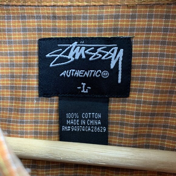 Stussy Shirt Mens Large Button Up Orange Long Sleeve Plaid Check Skater Pocket - Picture 7 of 10